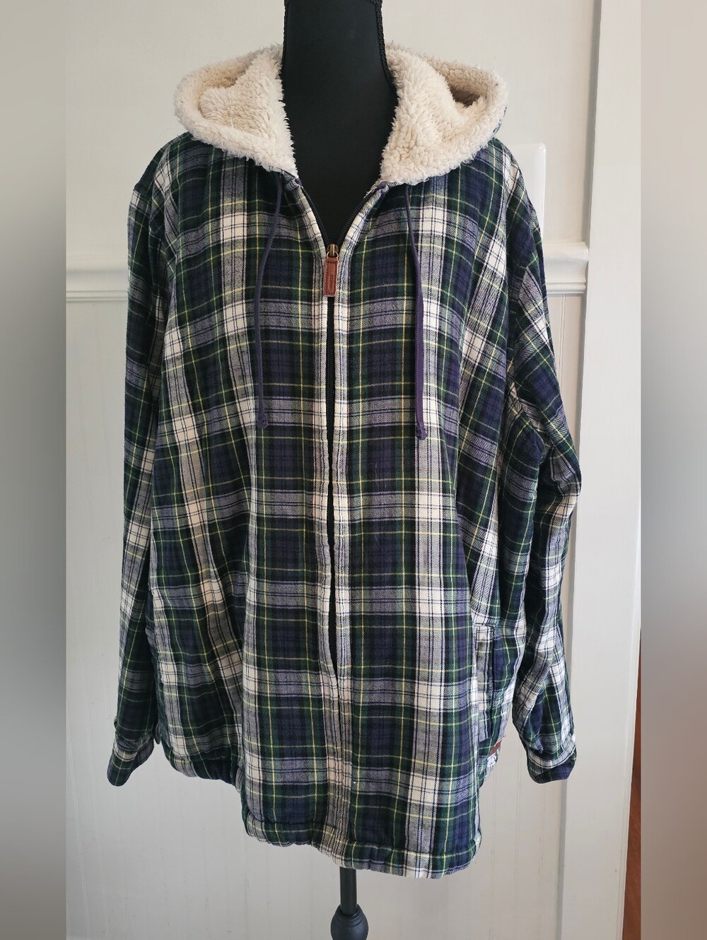 LL Bean Plaid Sherpa-Lined Zip Hoodie Flannel Jacket - Green/Blue 3X
